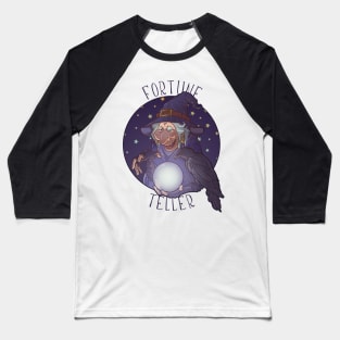 Old witch with her black raven holding a crystal ball and foretelling the future. Funny cartoon style character Baseball T-Shirt